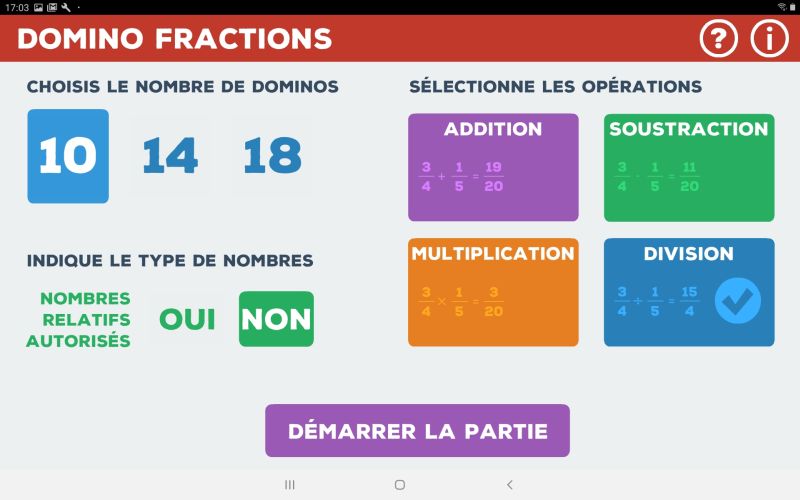 menu de base de l'appli domino fractions